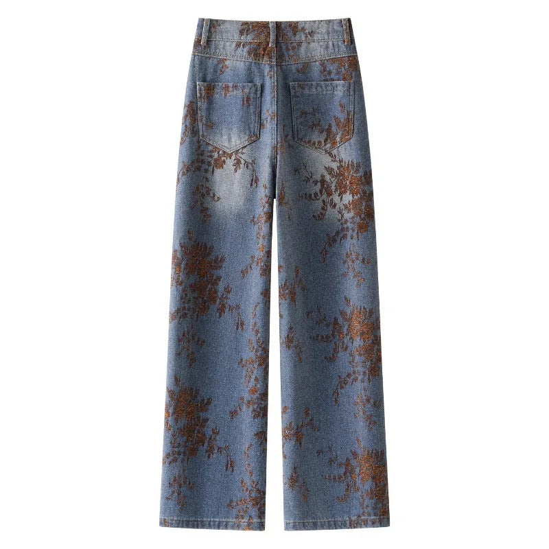 2026 Fashion Jacquard Jeans Women's Vintage Washed Denim Straight Trousers Autumn Winter Loose Casual Pants Comfy Wide-leg Jeans