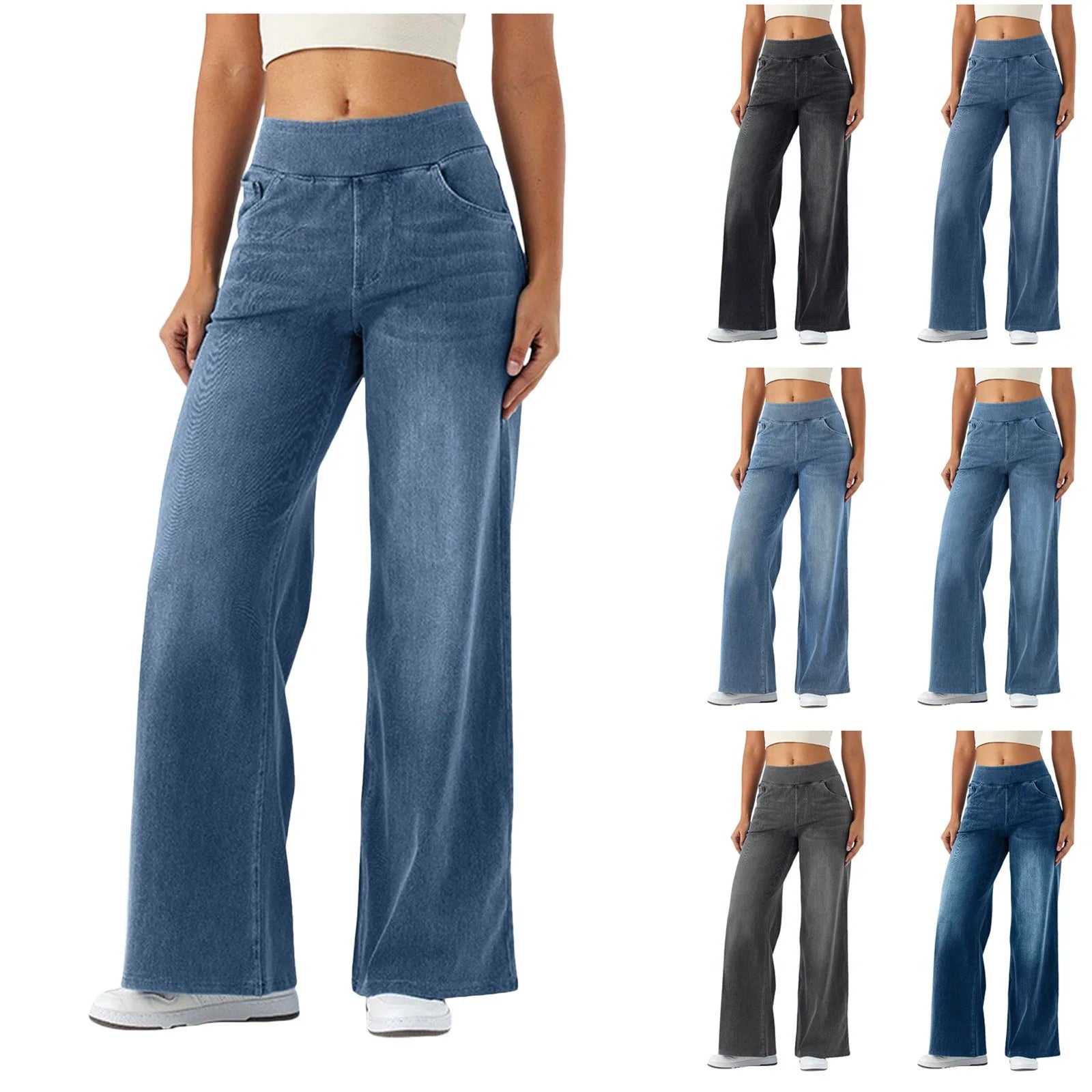 Baggy Jeans Women Pull On Wide Leg Jeans With Elastic Waistband High Waist Stretch Wide Leg Jeans Women With 4 Pockets