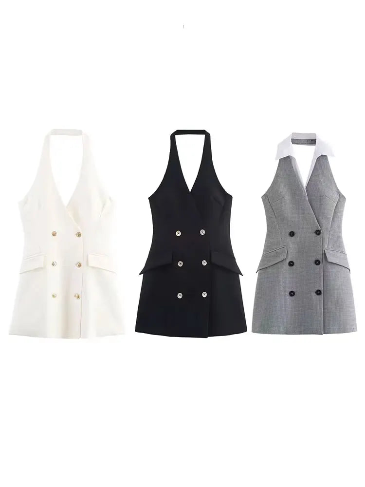 HH Female Sexy Mini Dress Grey Turn-Down Collar Sleeveless Backless Double Breasted Summer A-Line Dresses Woman New Trendy