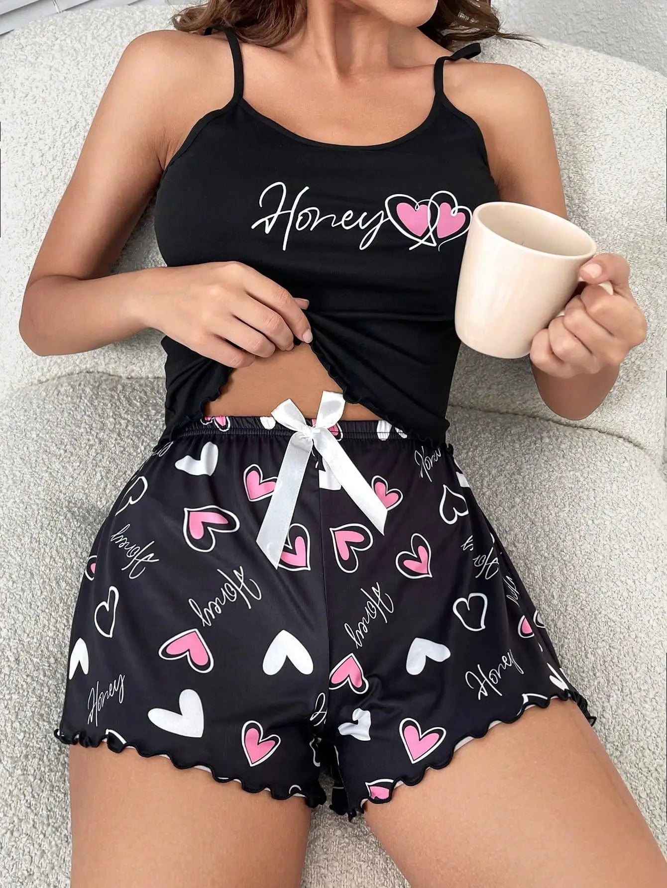 Women's Two-Piece V-Neck Suspender Lace Lace Printed Top and Shorts Women's Casual Printed Pajama Set