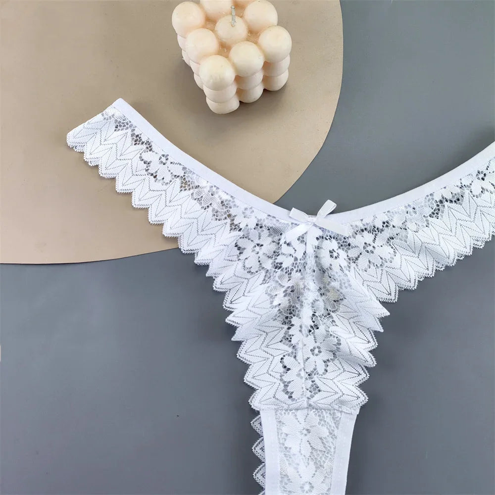 3pcs Women Lace Thong Underwear Pack Transparent Mid-Waist Underpants Female Briefs Ruffles G-strings Plus Size