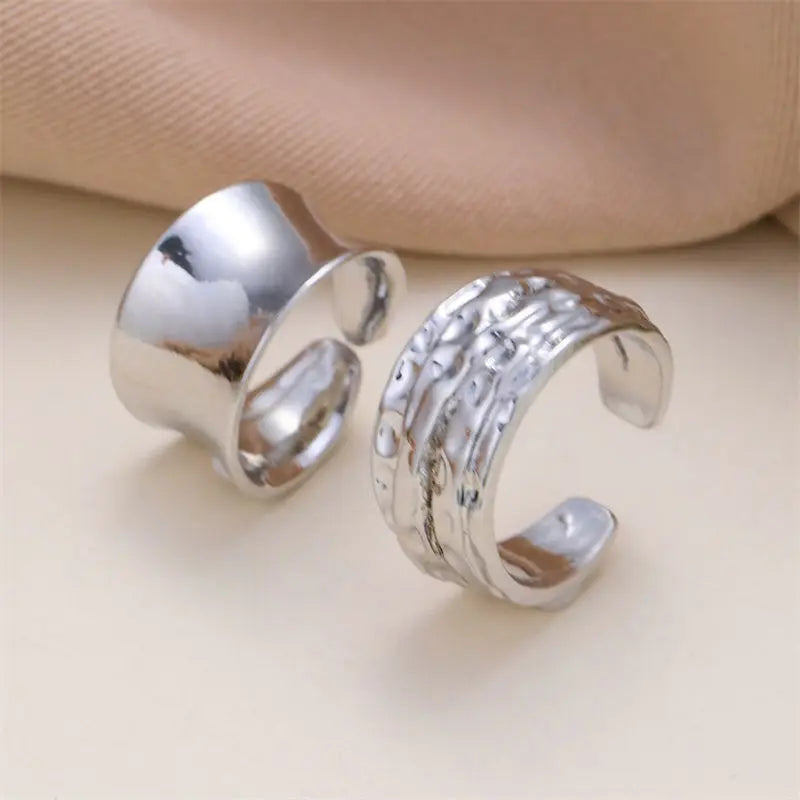 2pcs/set Punk Metal Curved Smooth Open Adjustable Ring for Women Men Simple Silver Color Rings Set Hip Hop