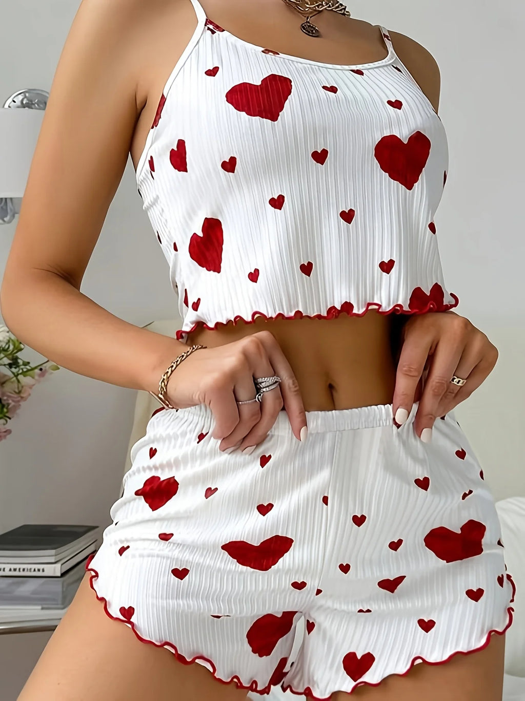 2PCS Women'S Two-Piece Sleepwear Set, Featuring a Camisole And Shorts with a Heart Design, Comfortable Loungewear for Casual Use