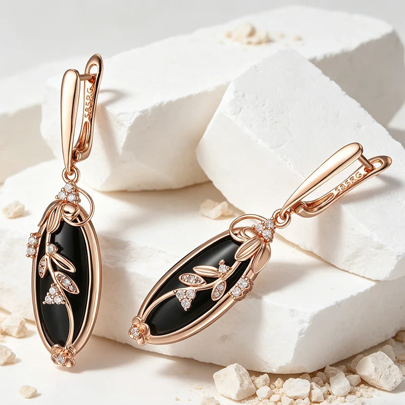 Kinel Hot Sparkling Black Natural Zircon Long Drop Earrings Women 585 Rose Gold Color Vintage Wedding Party Fine Daily Jewelry