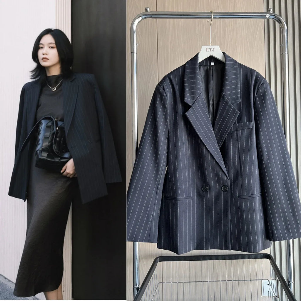 ETJ Fall/Winter 2025 New  Women's Street Fashion oversized pinstripe shoulder-padded loose suit jacket for women