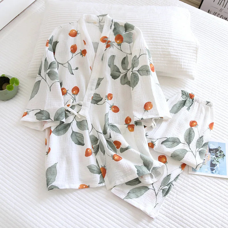 Kimono Half Sleeve Robes with Long Pants 2 Pcs Cotton Printed Sleepwear Clothes for Women's Spring and Autumn Home Clothes