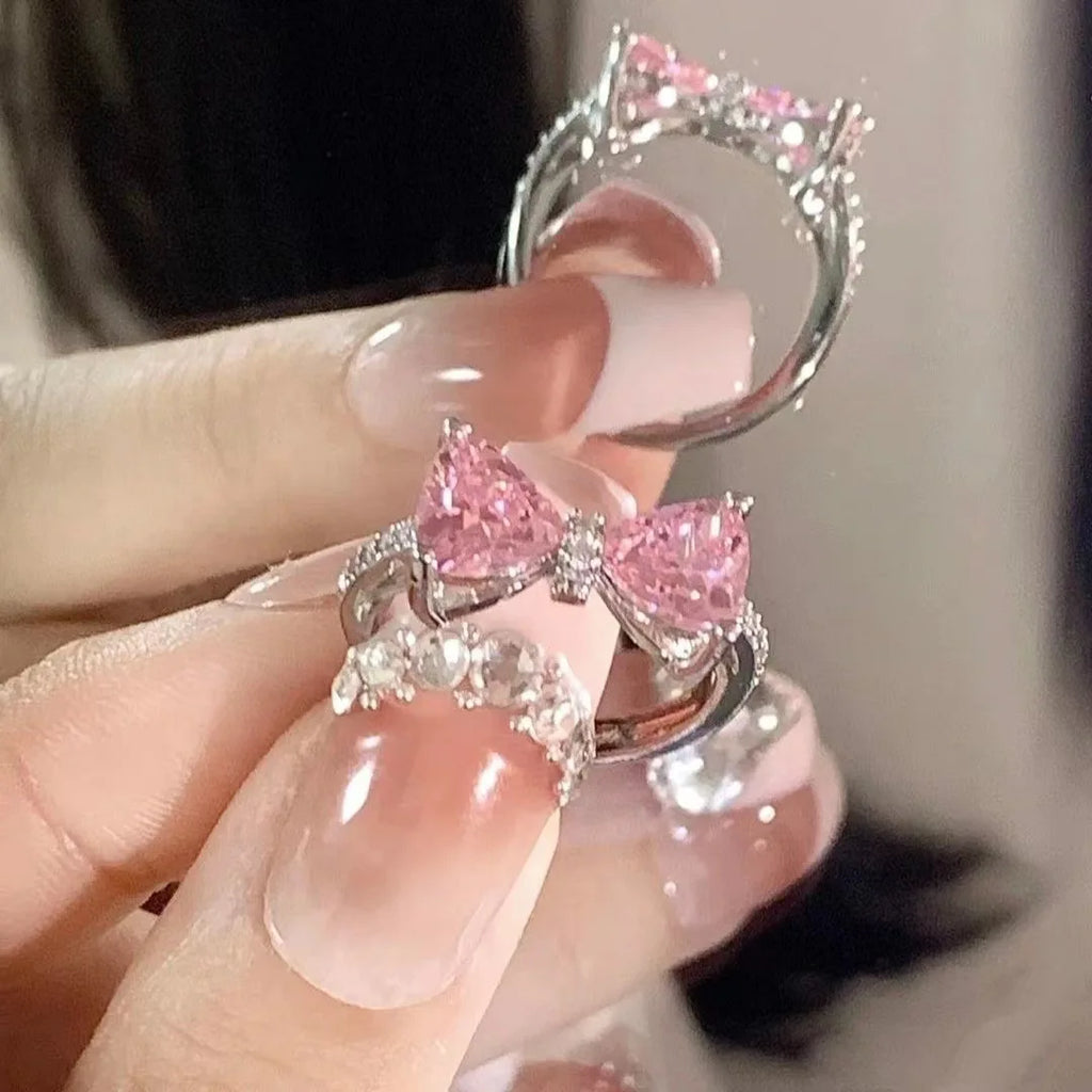 Fashion Romantic Pink Crystal Bowknot Rings Sweet Exquisite Y2K Opening Finger Ring Girls Birthday Party Jewelry Accessories