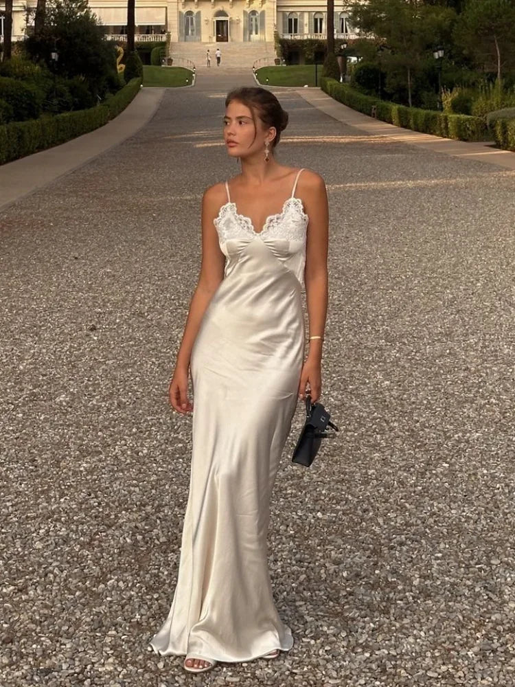 Sexy Women V-neck Satin Sling Maxi Dress Chic White Lace Patchwork Sleeveless Backless Slim Long Gown Chic Evening Party Dresses