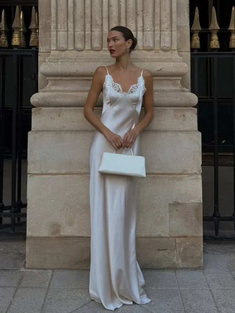 Sexy Women V-neck Satin Sling Maxi Dress Chic White Lace Patchwork Sleeveless Backless Slim Long Gown Chic Evening Party Dresses
