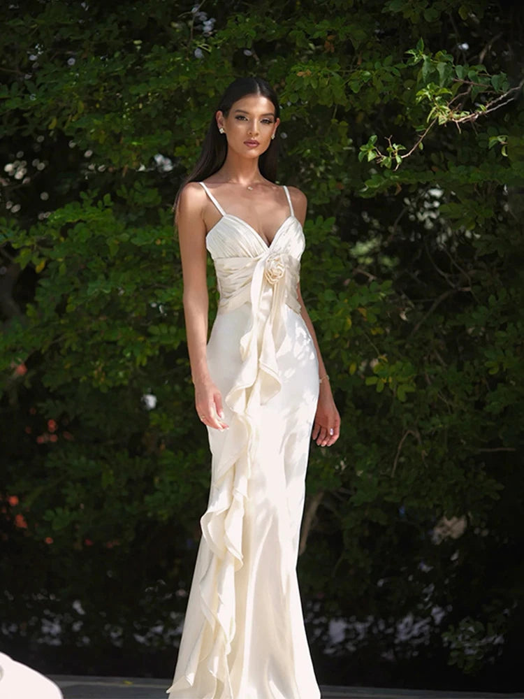 Elegant Flower Ruffle Strapless Sleeveless Maxi Dress for Women Slim Backlesss V Neck Dresses Lady Party Club Outwear Robe Vesti