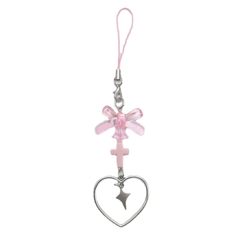 Phone Charm Strap Y2K Keychain Kawaii-Cute Pendant Jewelry Keyring Lanyard String Black Cross-Bow Beaded Chain for Women Girl