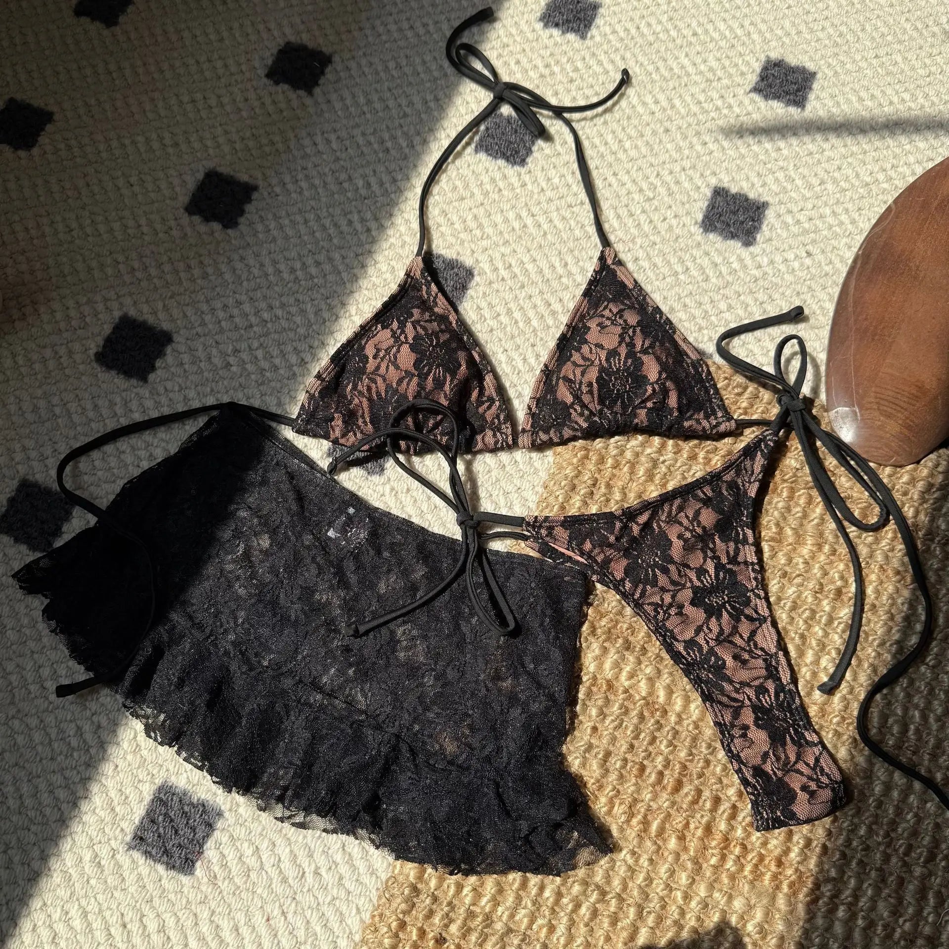 sexy lace micro mini string halter tie bikinis sets 3pcs with ruffles mini skirt black red color swimwear swimsuit bathing suit