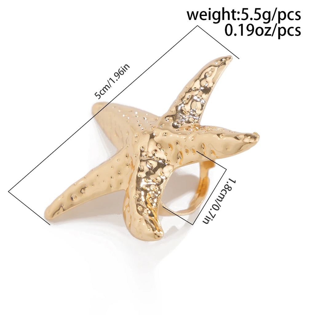 PuRui Trend Exaggerated Gold Color Big Starfish Conch Rings for Women Creative Punk Finger Ring Statement Party Banquet Jewelry