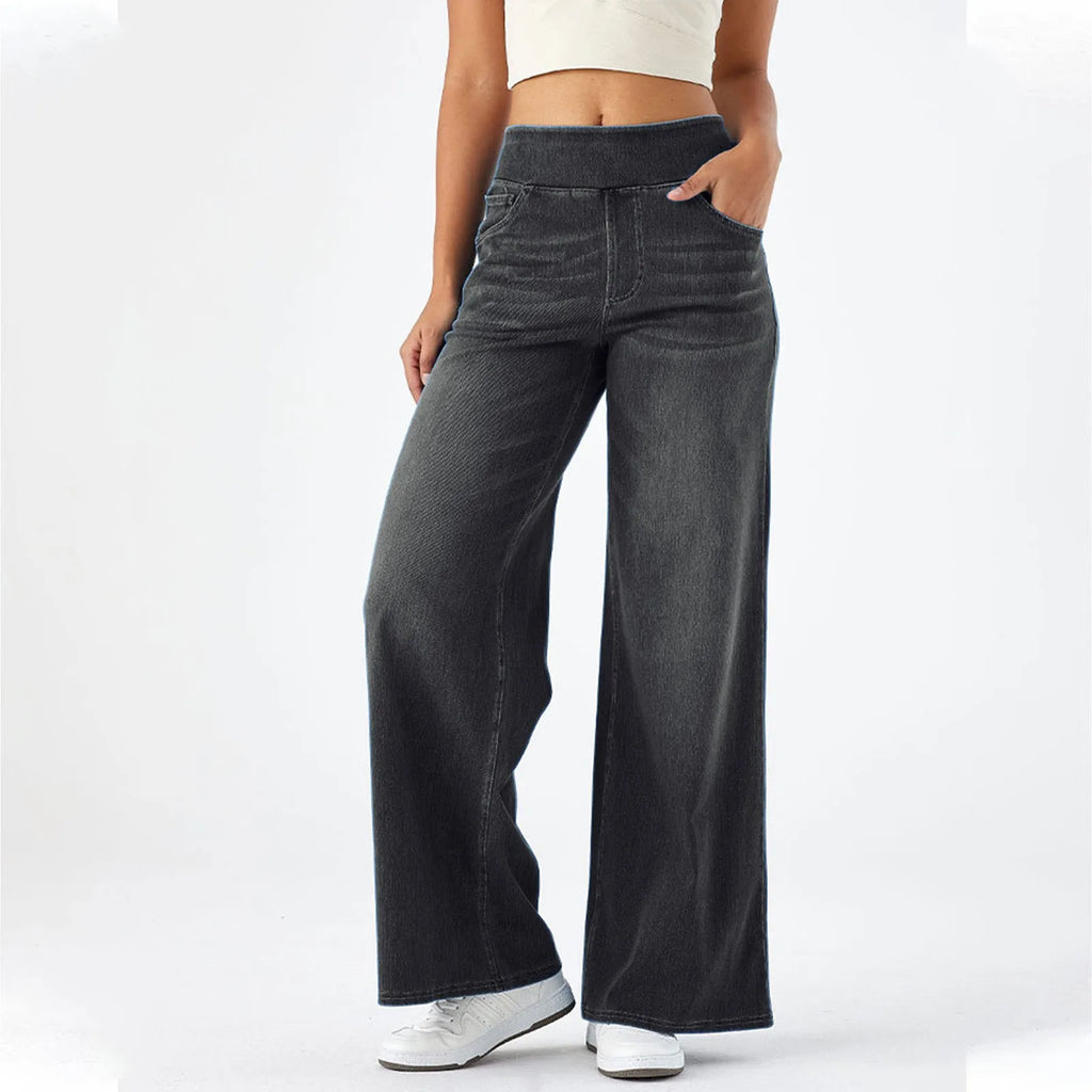 Baggy Jeans Women Pull On Wide Leg Jeans With Elastic Waistband High Waist Stretch Wide Leg Jeans Women With 4 Pockets