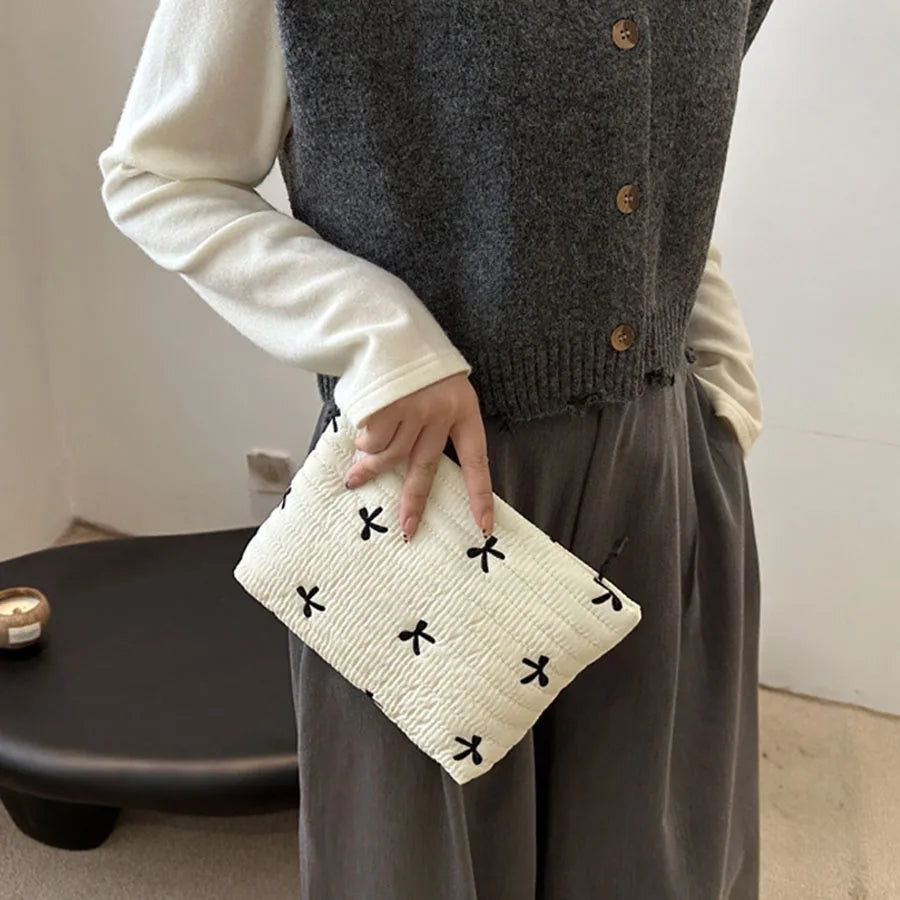 Cute Makeup Bag with Zipper Large Capacity Cosmetic Bag Embroidery Bow Wash Storage Bag