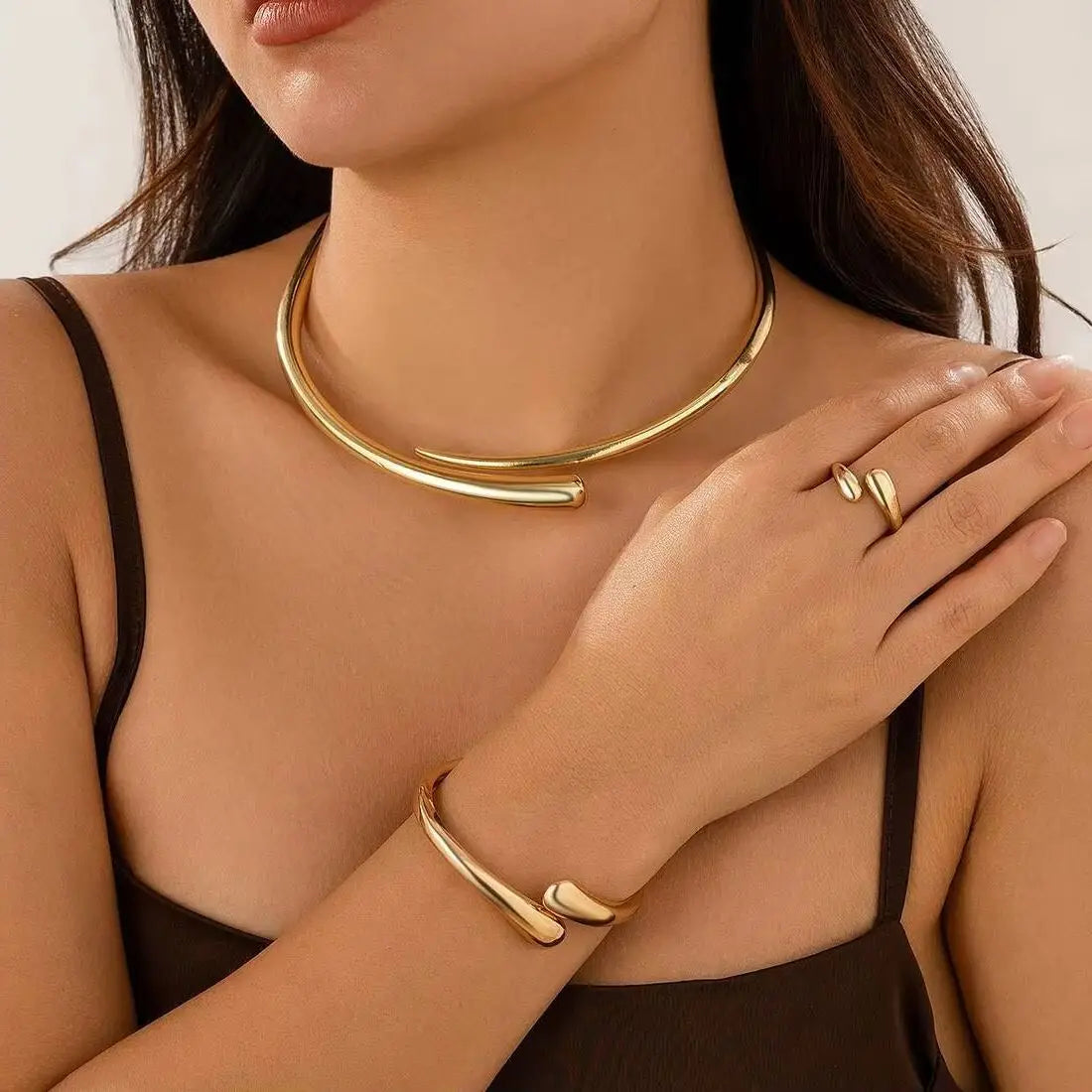 PuRui Trendy Simple Water Drop Torques Choker Necklace Opening Cuff Bangle Women Adjustable Wed Bridal Party Rings Jewelry Gift
