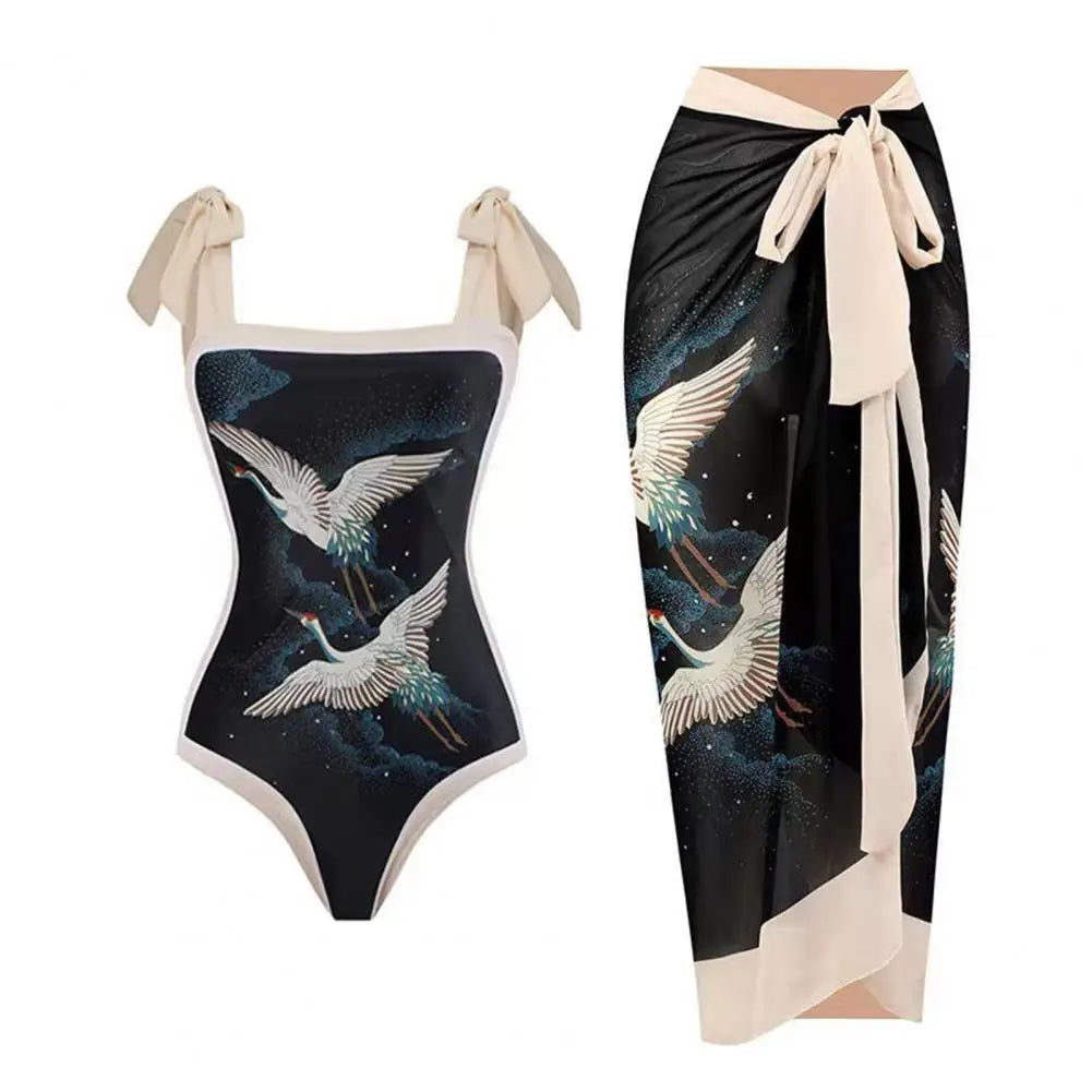 2Pcs/Set Women Monokini Suit Vintage Print One-Piece Square Neck Tie Swimsuit With Skirt Sling Lady Swimsuit With Beach Cover Up