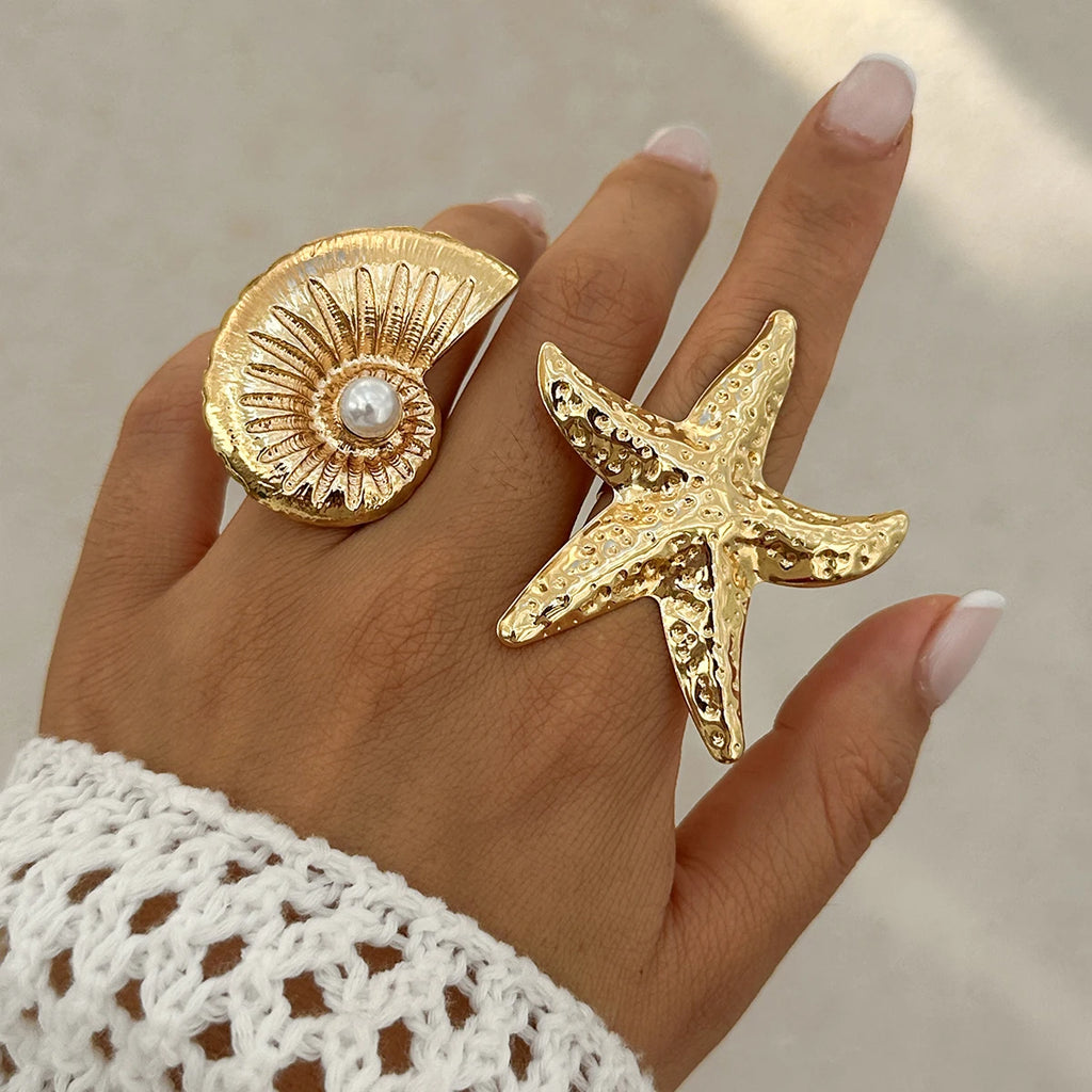 PuRui Trend Exaggerated Gold Color Big Starfish Conch Rings for Women Creative Punk Finger Ring Statement Party Banquet Jewelry