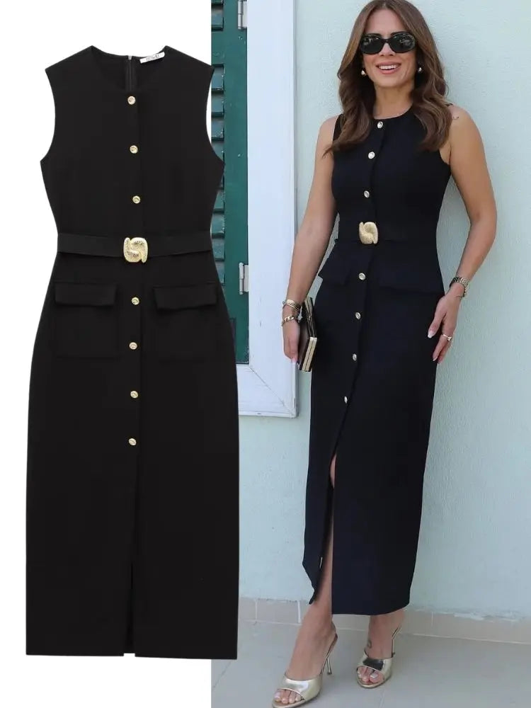 HH 2025 Women's Fashion Office Long Dress With Belt Spring O-Neck Sleeveless Midi Dress Female Elegant Party Dresses