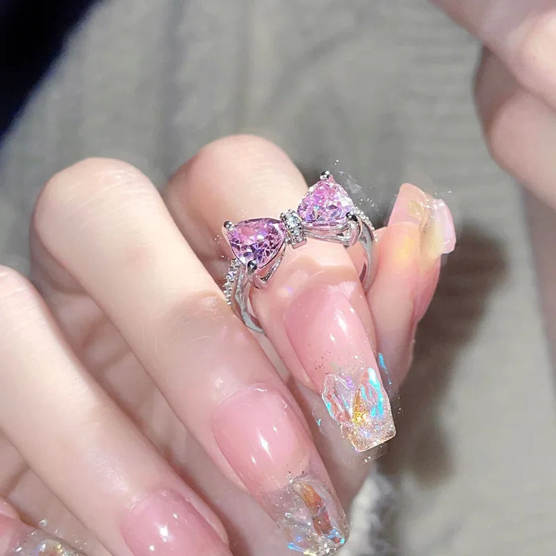 Fashion Romantic Pink Crystal Bowknot Rings Sweet Exquisite Y2K Opening Finger Ring Girls Birthday Party Jewelry Accessories