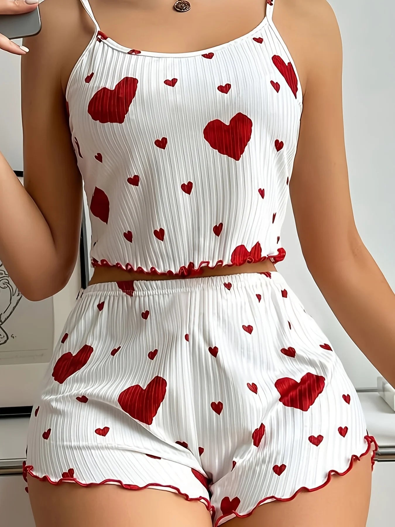 2PCS Women'S Two-Piece Sleepwear Set, Featuring a Camisole And Shorts with a Heart Design, Comfortable Loungewear for Casual Use
