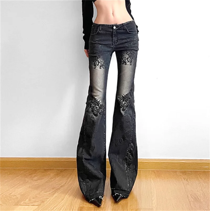 Women Gothic Y2k Flare Jeans Harajuku Baggy Denim Trousers 90s Aesthetic Low Waist Jean Pants Vintage 2000s Trashy Clothes 2024