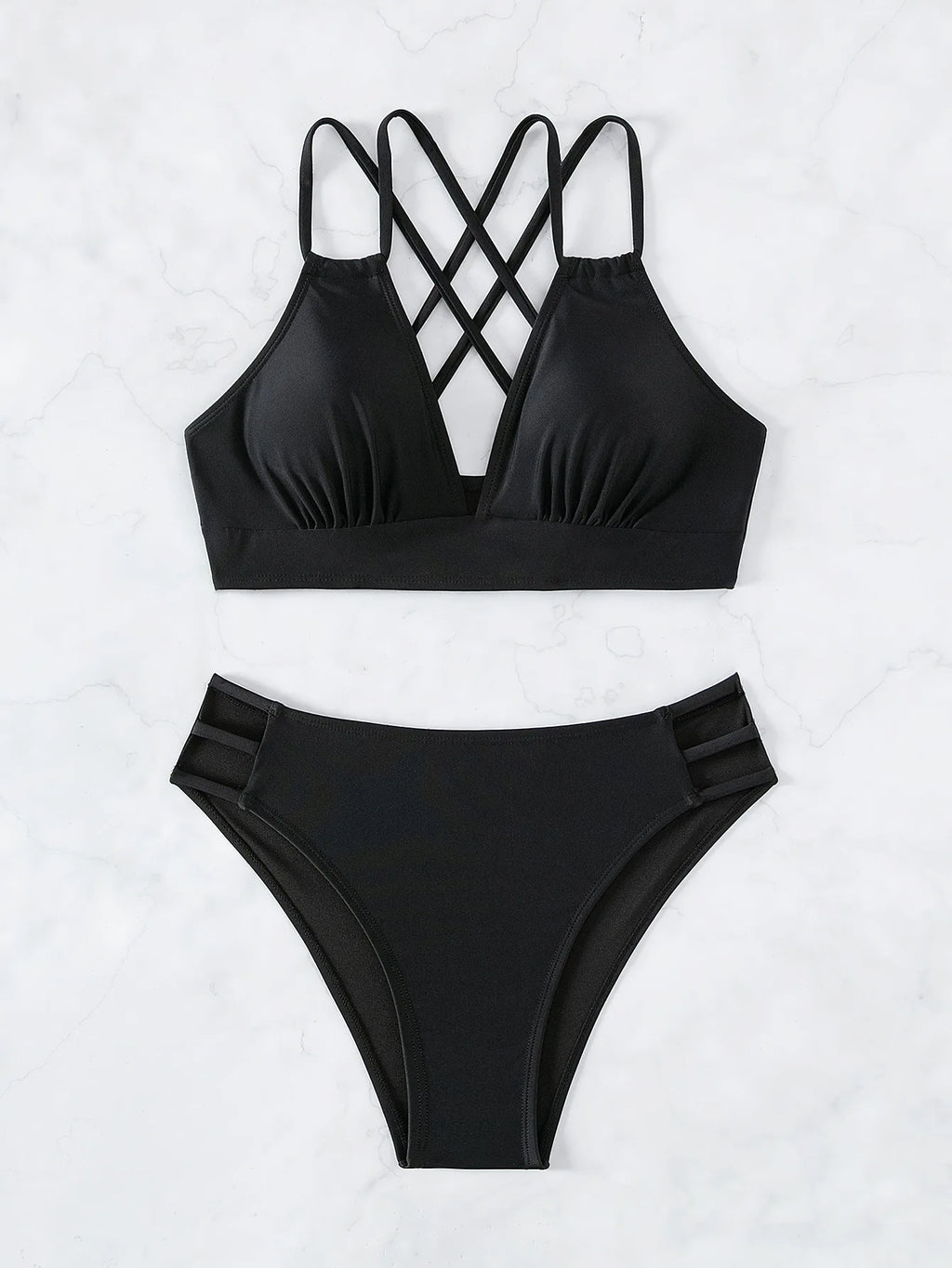 Solid Color Black Two Piece Swimsuit for Women Summer New High Waist Bikini Set Beach Vacation V-neck Backless Swimwear 2024