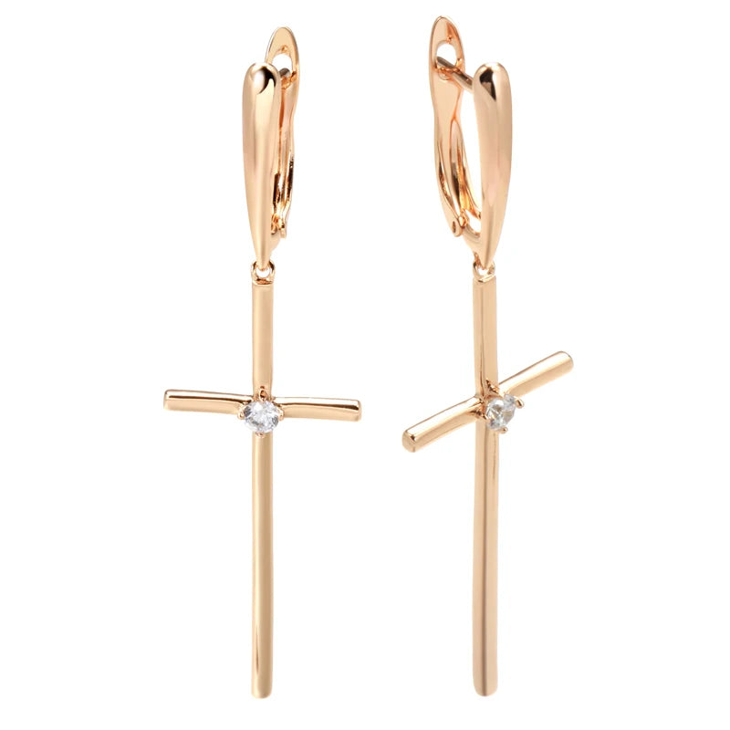 Kinel Hot 585 Rose Gold Color Glossy Cross Long Drop Earrings For Women Fashion Natural Zircon Accessories Religion Jewelry