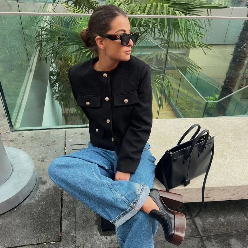 HXAO Woman Outerwears Autumn Long Sleeve Cropped Jacket For Women Winter Button Demi-Season Short Coats Elegant Women's Coat