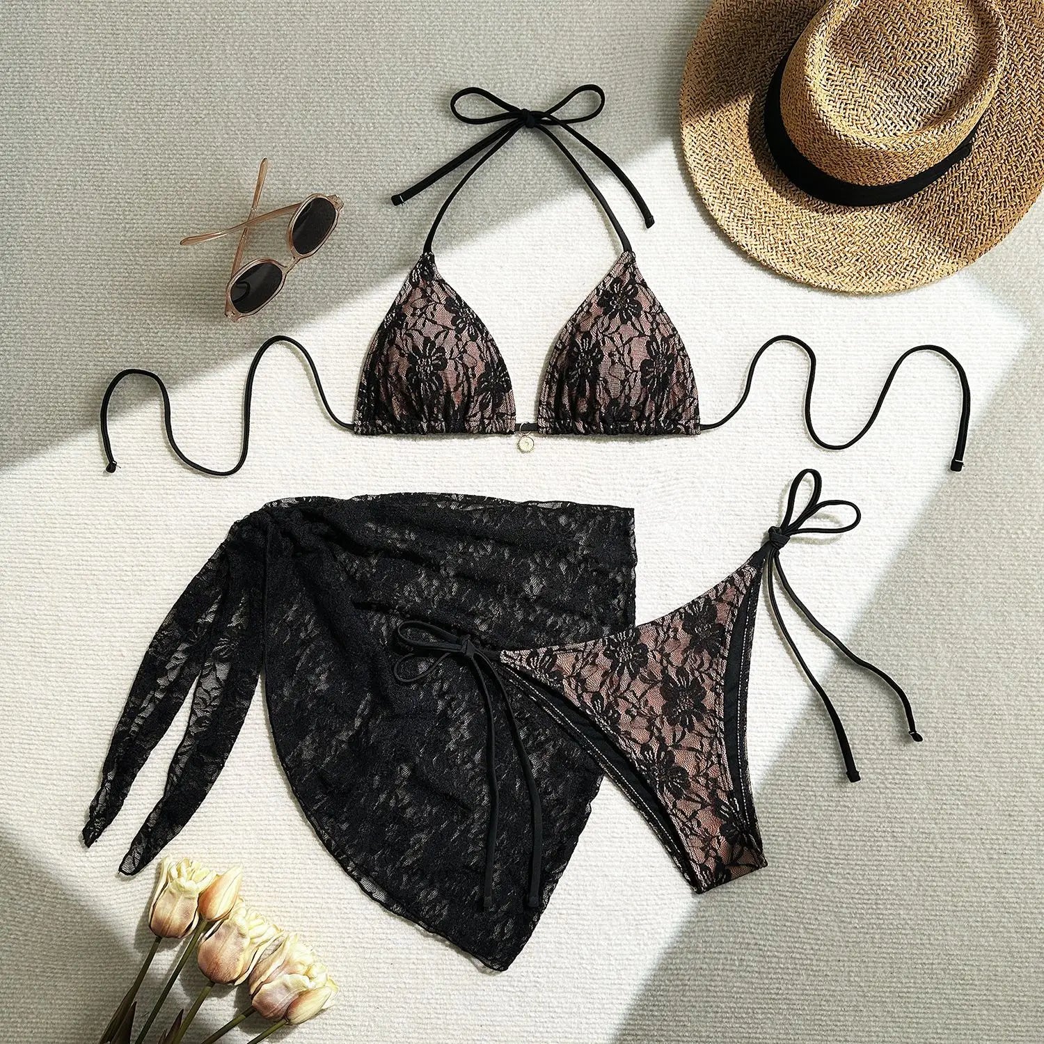 Sexy 3 Piece Lace Bikini Sets Women Swimwear with Lace Pants Micro Swimsuit Beachwear Bathing Suit
