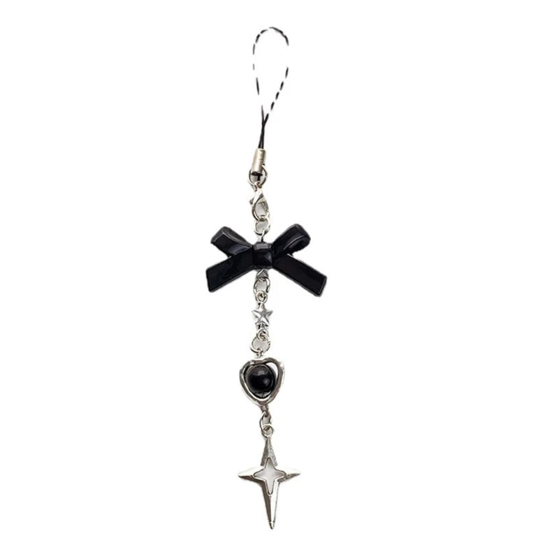 Phone Charm Strap Y2K Keychain Kawaii-Cute Pendant Jewelry Keyring Lanyard String Black Cross-Bow Beaded Chain for Women Girl