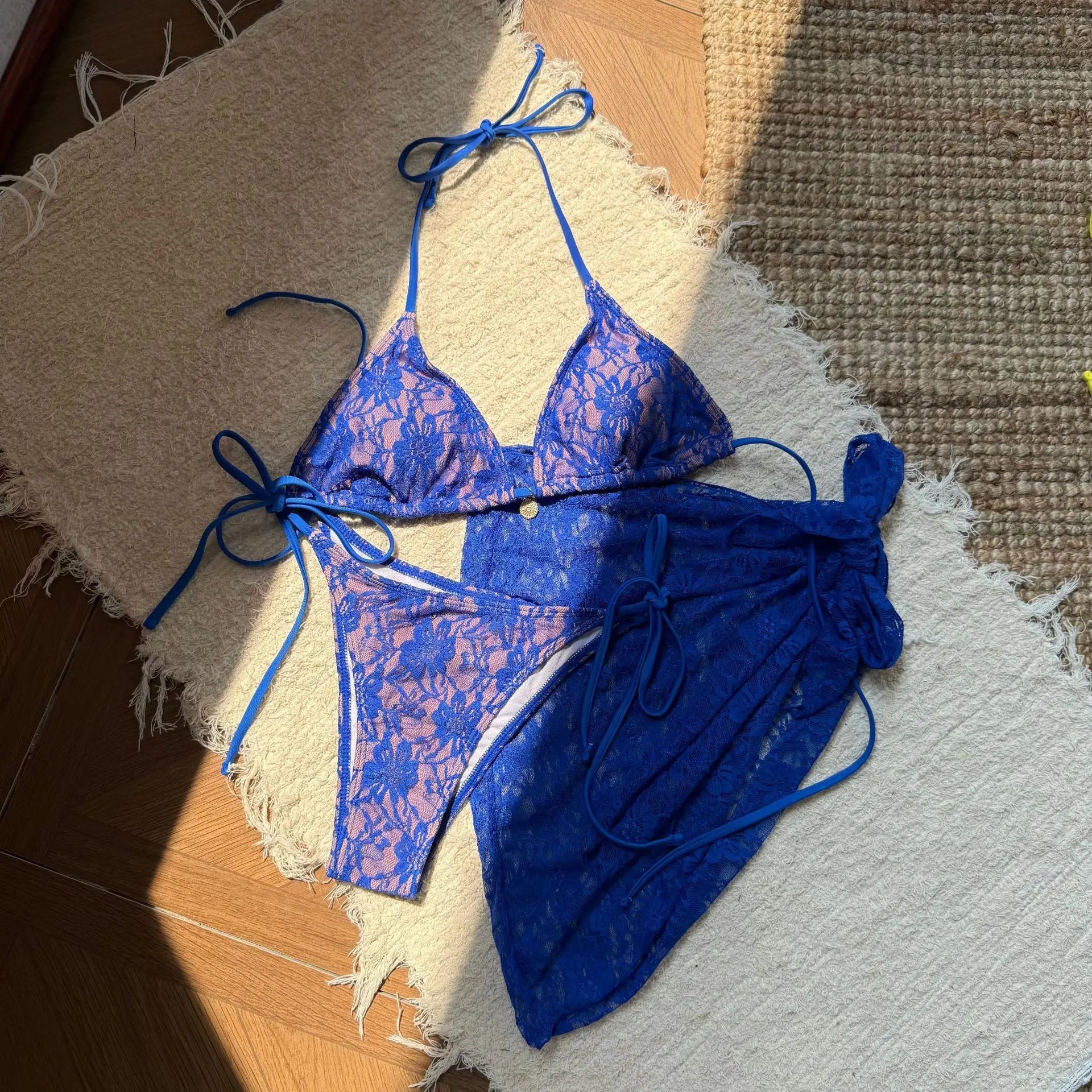 Sexy 3 Piece Lace Bikini Sets Women Swimwear with Lace Pants Micro Swimsuit Beachwear Bathing Suit