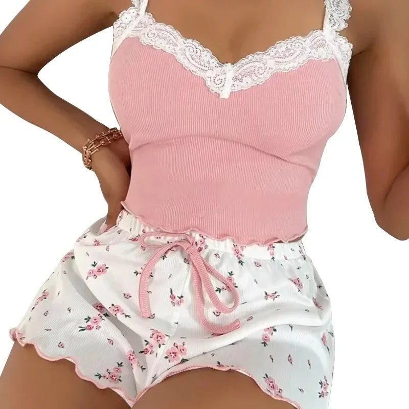 Women Pajama Set Lace Patchwork V-Neck Sleepwear Sexy Female Nighties Suit Cami Top Printed Shorts Soft Pyjamas Loungewear 2psc