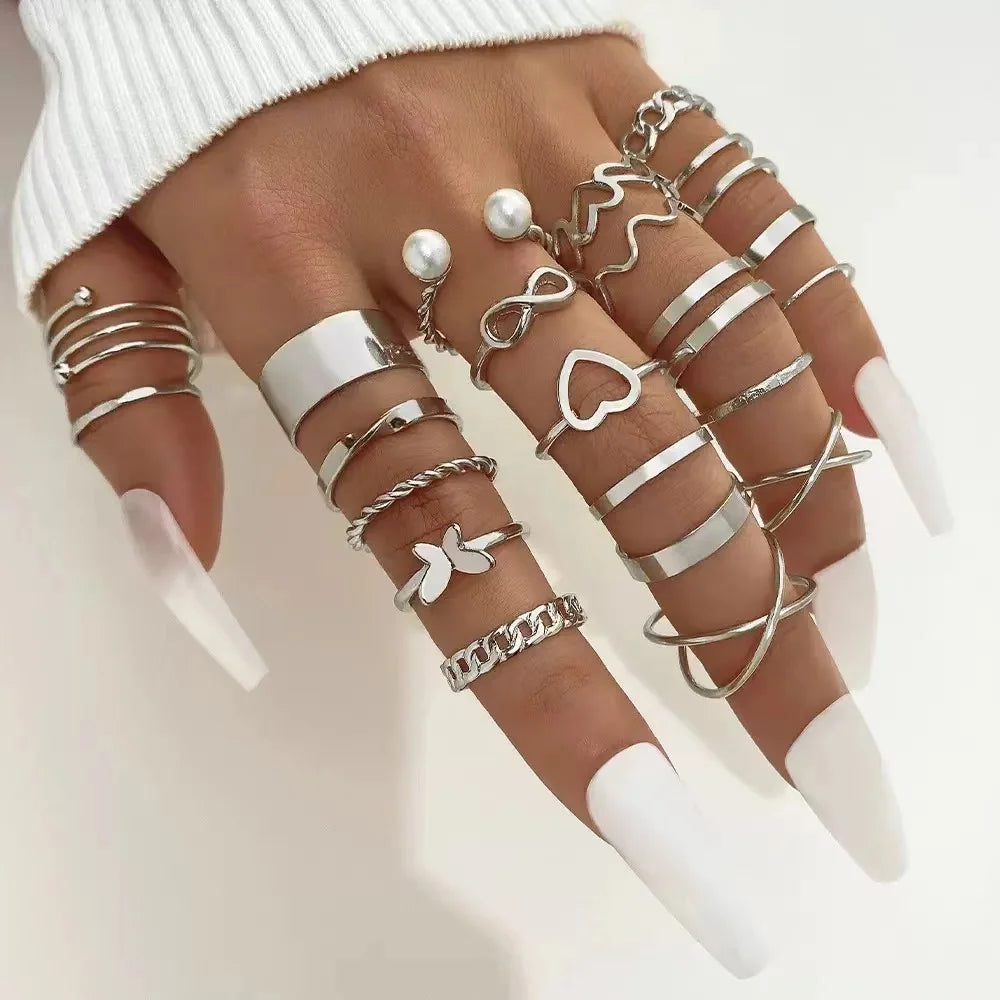 28PCS Boho Element, Geometric Sparkler Vintage Ring Set, Fashion Ring, Heart Design