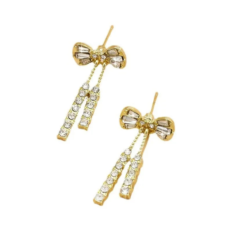 Korean jewelry niche design full diamond bow tie tassel earrings elegant flash diamond temperament earrings rings