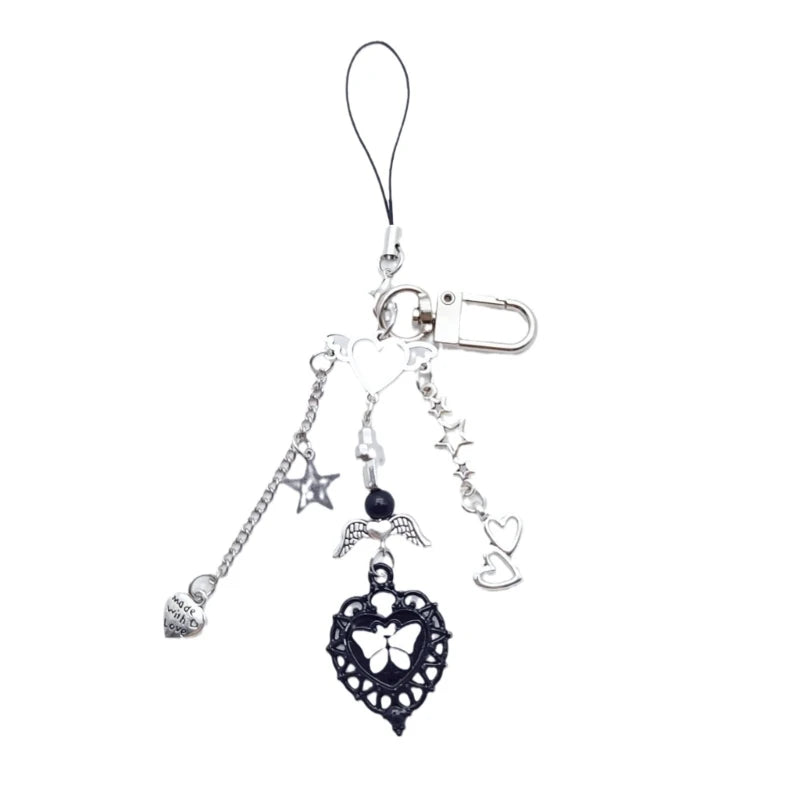 Phone Charm Strap Y2K Keychain Kawaii-Cute Pendant Jewelry Keyring Lanyard String Black Cross-Bow Beaded Chain for Women Girl