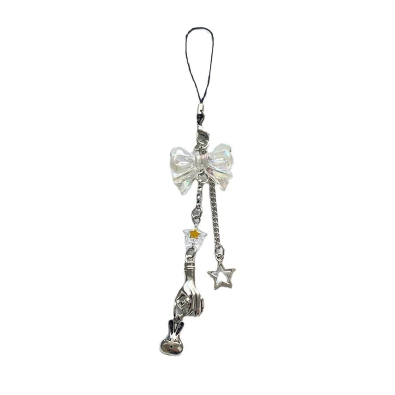 Phone Charm Strap Y2K Keychain Kawaii-Cute Pendant Jewelry Keyring Lanyard String Black Cross-Bow Beaded Chain for Women Girl