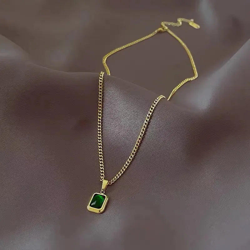 Fashion Retro Square Green Zircon Pendant Necklaces For Women Charm Necklace Girls Wedding Engagement Jewelry Gift