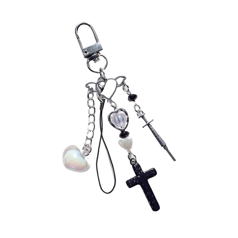 Phone Charm Strap Y2K Keychain Kawaii-Cute Pendant Jewelry Keyring Lanyard String Black Cross-Bow Beaded Chain for Women Girl