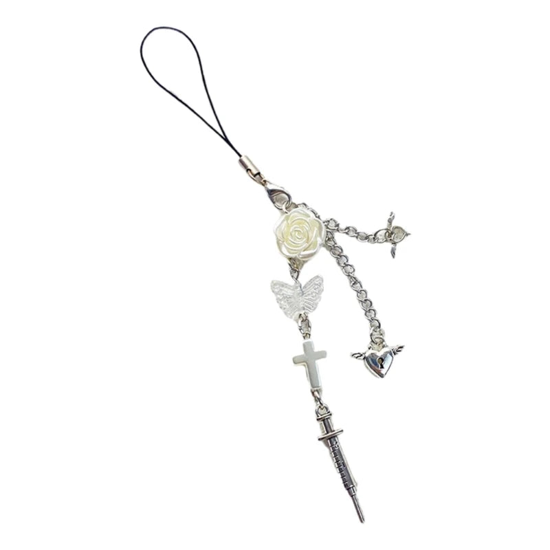 Phone Charm Strap Y2K Keychain Kawaii-Cute Pendant Jewelry Keyring Lanyard String Black Cross-Bow Beaded Chain for Women Girl