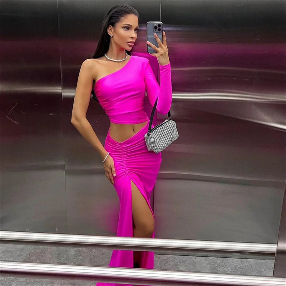 CNYISHE One Shoulder Cut Out Split Ruched Maxi Dress for Women Elegant Party Prom Gown Dresses Woman Sexy Birthday Outfits Robes
