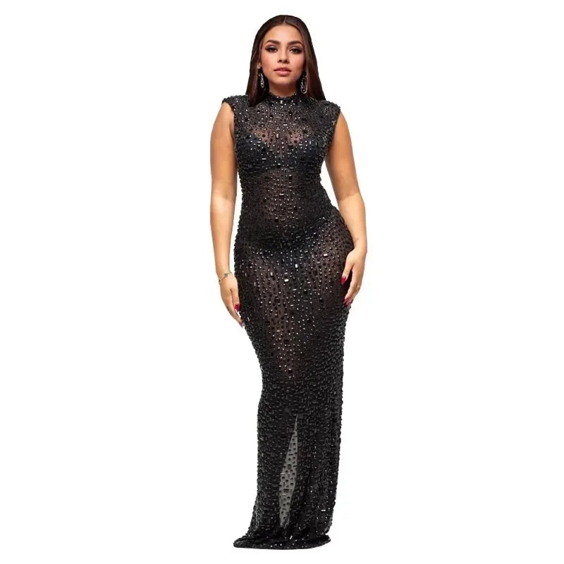 2026 Fall Diamonds Hot Rhinestones O-neck Women Sleeveless Bodycon Long Dress Birthday Party Evening Prom Maxi Dresses