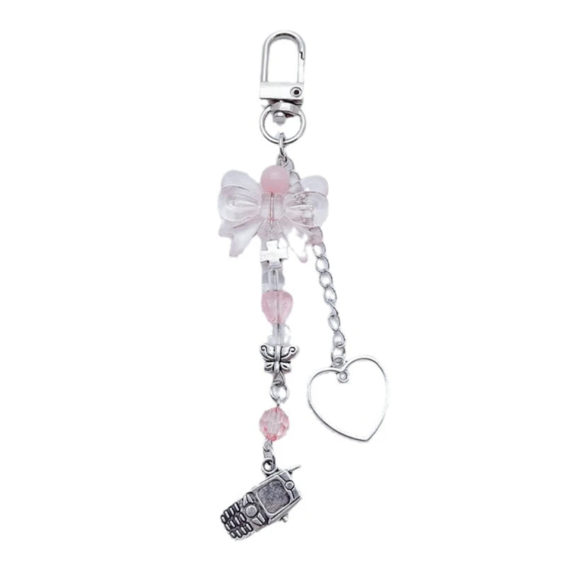 Phone Charm Strap Y2K Keychain Kawaii-Cute Pendant Jewelry Keyring Lanyard String Black Cross-Bow Beaded Chain for Women Girl