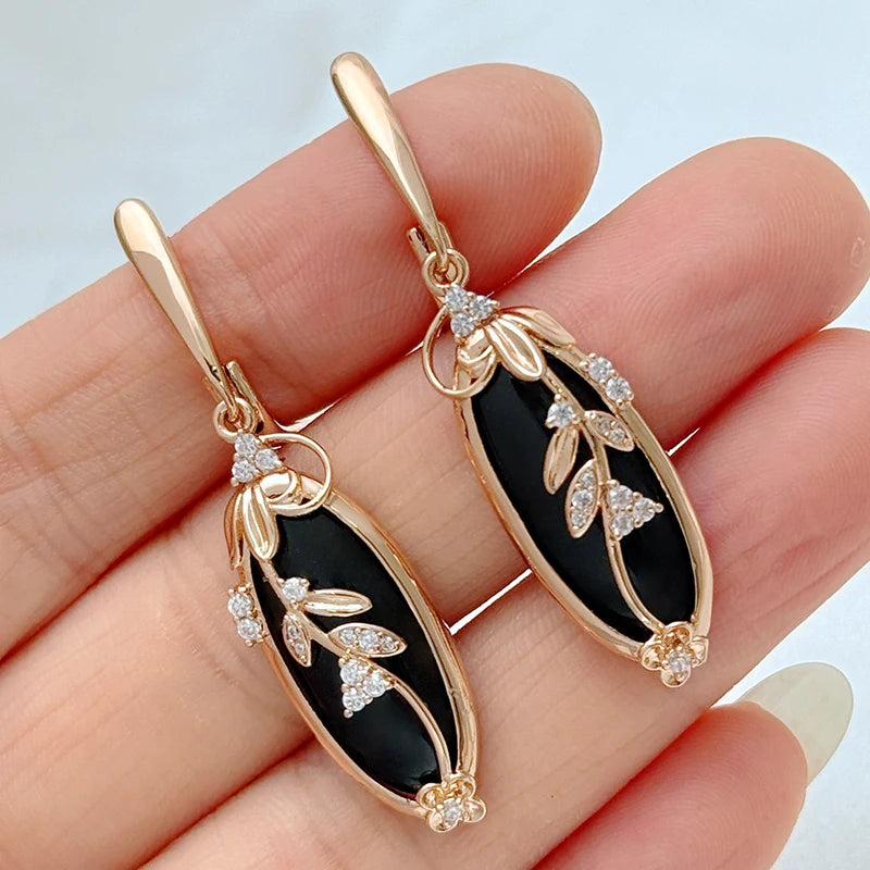 Kinel Hot Sparkling Black Natural Zircon Long Drop Earrings Women 585 Rose Gold Color Vintage Wedding Party Fine Daily Jewelry