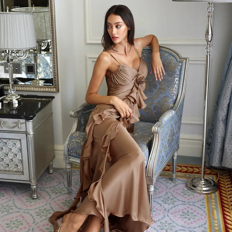 Elegant Flower Ruffle Strapless Sleeveless Maxi Dress for Women Slim Backlesss V Neck Dresses Lady Party Club Outwear Robe Vesti