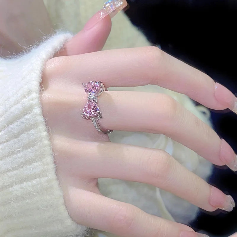 Fashion Romantic Pink Crystal Bowknot Rings Sweet Exquisite Y2K Opening Finger Ring Girls Birthday Party Jewelry Accessories