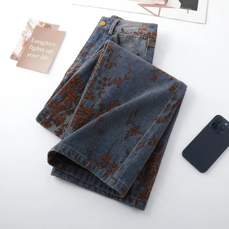 2026 Fashion Jacquard Jeans Women's Vintage Washed Denim Straight Trousers Autumn Winter Loose Casual Pants Comfy Wide-leg Jeans