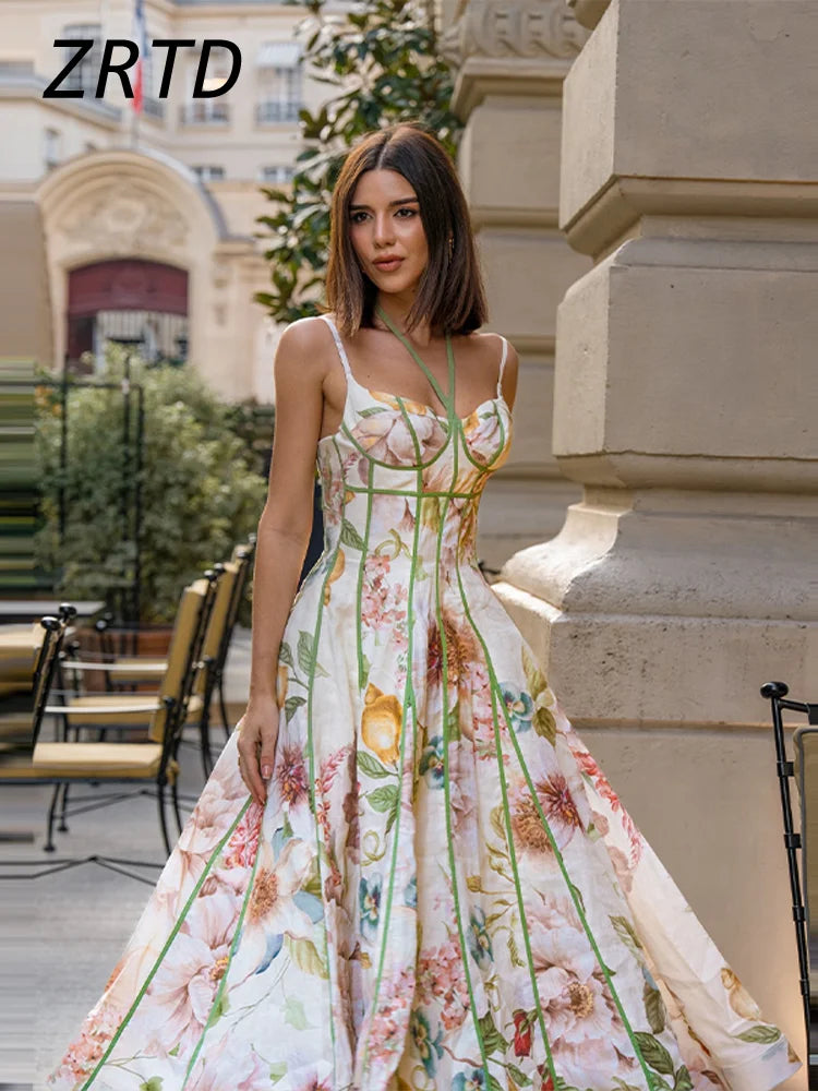 Fashion Halter Printed Sling Long Dress Women Pleat Backless Sleeveless A-line Holiday Dresses 2026 Summer Lady Contrast Robes
