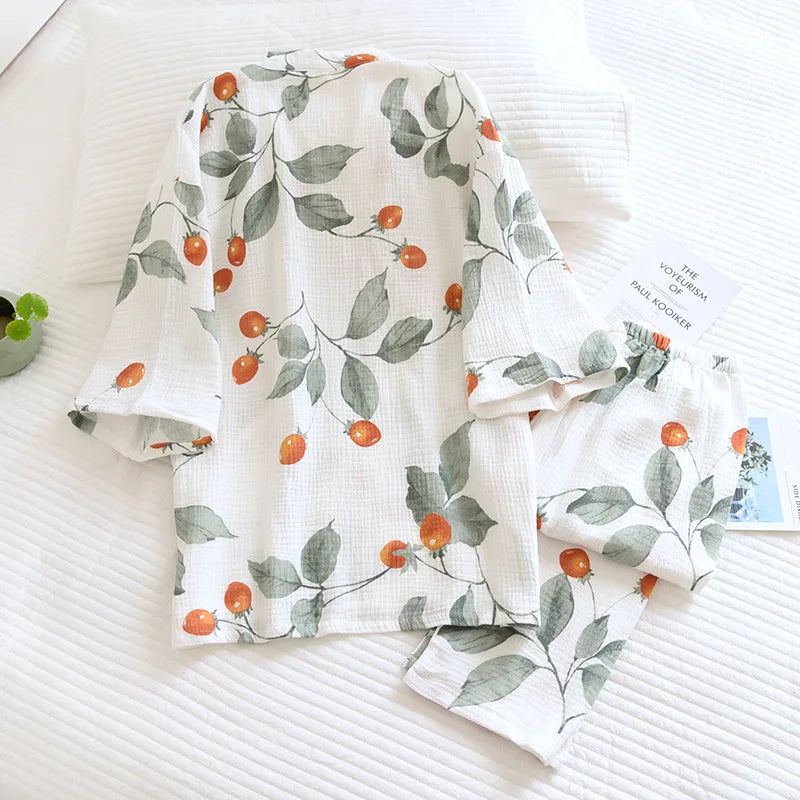 Kimono Half Sleeve Robes with Long Pants 2 Pcs Cotton Printed Sleepwear Clothes for Women's Spring and Autumn Home Clothes
