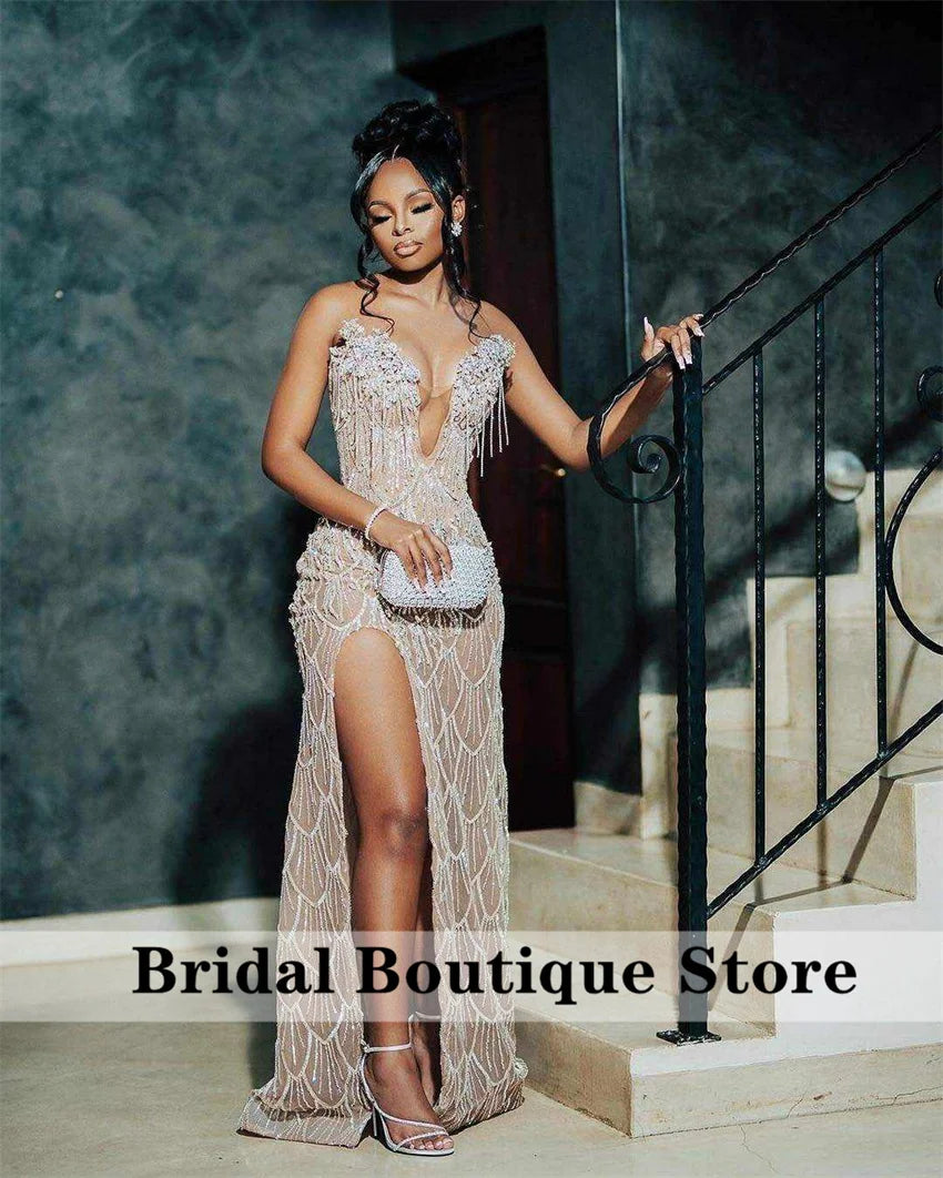 Luxury Champagne Prom Dresses Bead Crystals Diamonds Tassels Side Split Birthday Party Wedding Party Gown Vestidos Customized